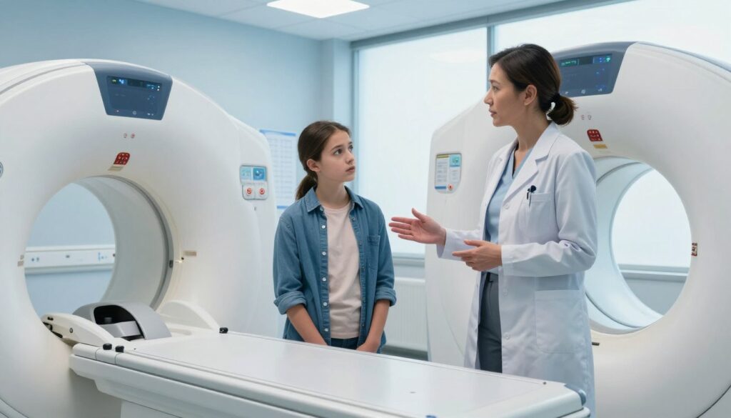A medical professional, a middle-aged woman in professional attire, stands confidently in a modern hospital's diagnostic imaging room, discussing CT scan referrals with a young patient. The foreground captures the doctor gesturing towards a large, high-tech CT scanner, accentuating its intricate details and metallic surface. In the middle, the patient, dressed in casual clothing, looks attentive and engaged, with a slightly worried expression that reflects their concern about the referral process. The background features a bright, sterile environment with soft blue lighting, medical charts on the walls, and a large window allowing natural light to flood in, creating a calm atmosphere. The scene conveys a sense of professionalism, empathy, and clarity.