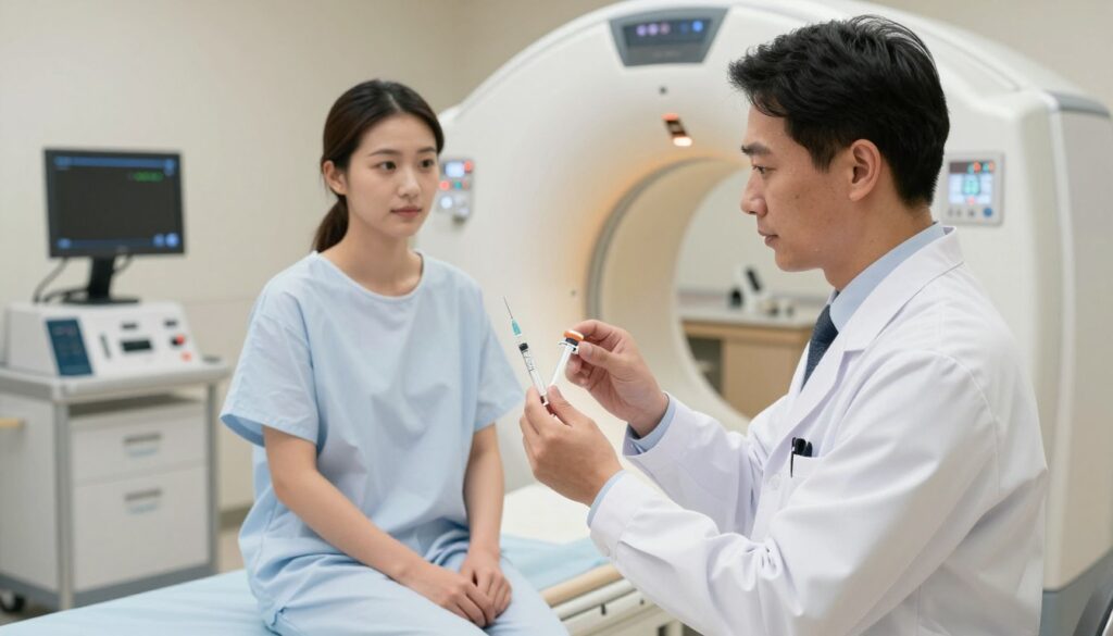 A medical professional, dressed in a crisp white lab coat, stands beside a patient in a pleasant hospital setting, preparing for a creatinine test before a CT scan. The foreground captures the medical professional holding a syringe and a vial, enhancing the focus on the procedure. In the middle, the patient, wearing a modest hospital gown, looks calm and ready, seated on an examination table. The background features soft, diffused lighting, highlighting medical equipment and a CT scan machine. The atmosphere is professional, reassuring, and clinical, conveying a sense of care and attention to patient well-being. The composition is well-balanced, showcasing the importance of the creatinine test in a diagnostic process.