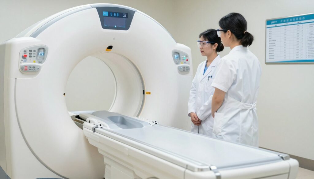 A medical setting featuring a bright, well-lit CT scan room with sophisticated imaging equipment in the foreground. Include a CT machine prominently displaying its intricate inner workings, conveying advanced technology. In the middle, depict a professional healthcare worker wearing a lab coat and safety goggles, attentively monitoring the scanning process, demonstrating safety measures around radiation use. The background showcases a medical chart with data on dosage, enhancing the informative aspect. Use soft, natural lighting to create a calm and reassuring atmosphere, emphasizing the safety of the procedure. The lens should capture a sharp focus on the equipment while maintaining a slight depth of field, drawing attention to the CT scanner and the attentive professional in the scene. A medical setting featuring a bright, well-lit CT scan room with sophisticated imaging equipment in the foreground. Include a CT machine prominently displaying its intricate inner workings, conveying advanced technology. In the middle, depict a professional healthcare worker wearing a lab coat and safety goggles, attentively monitoring the scanning process, demonstrating safety measures around radiation use. The background showcases a medical chart with data on dosage, enhancing the informative aspect. Use soft, natural lighting to create a calm and reassuring atmosphere, emphasizing the safety of the procedure. The lens should capture a sharp focus on the equipment while maintaining a slight depth of field, drawing attention to the CT scanner and the attentive professional in the scene.