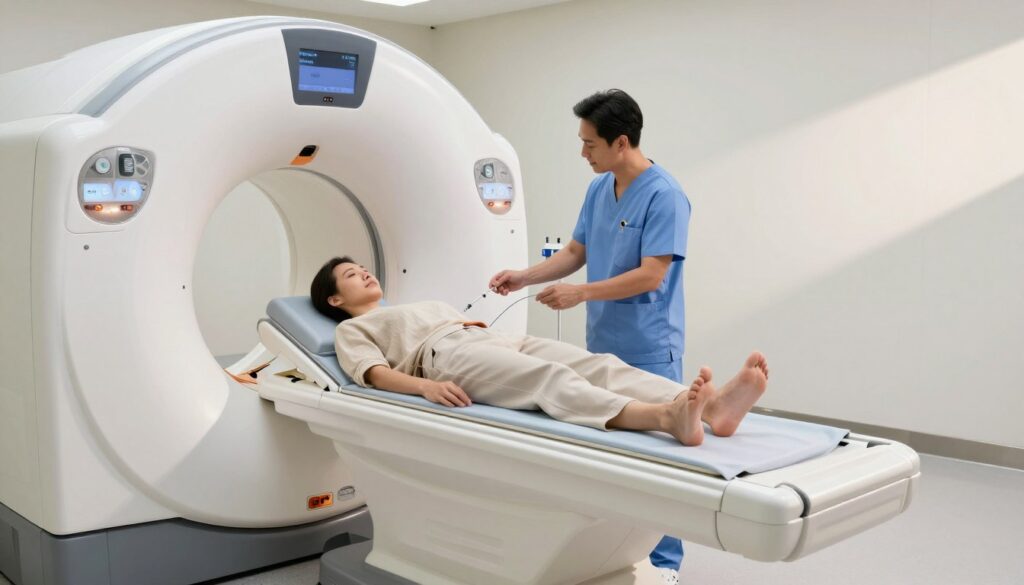 A modern CT scan room with a sleek, state-of-the-art CT scanner in the foreground. In the middle, a patient, wearing comfortable, modest clothing, is lying on the scanner bed, appearing relaxed and guided by a friendly, professional technician dressed in scrubs. The background should feature bright, clean hospital walls with soft lighting to create a calming atmosphere. The technician is explaining the procedure, which includes the use of contrast dye as a visual aid. A small contrast injection setup can be seen near the technician. Soft shadows play across the room, enhancing the sense of tranquillity and professionalism in the medical environment. The angle should be slightly overhead, capturing the full scene effectively. A modern CT scan room with a sleek, state-of-the-art CT scanner in the foreground. In the middle, a patient, wearing comfortable, modest clothing, is lying on the scanner bed, appearing relaxed and guided by a friendly, professional technician dressed in scrubs. The background should feature bright, clean hospital walls with soft lighting to create a calming atmosphere. The technician is explaining the procedure, which includes the use of contrast dye as a visual aid. A small contrast injection setup can be seen near the technician. Soft shadows play across the room, enhancing the sense of tranquillity and professionalism in the medical environment. The angle should be slightly overhead, capturing the full scene effectively.