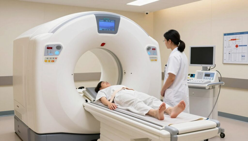A modern CT scanner in a clean, well-lit hospital room, showcasing the sleek design of the machine with a patient lying on the examination table. The foreground features the CT scanner's open gantry, focusing on the central circular opening where patients enter. In the middle, a healthcare professional in a lab coat is attentively monitoring the scanning process from a control panel, exuding a sense of professionalism and care. The background includes soft, ambient lighting and medical equipment such as monitors and charts, creating a calm and reassuring atmosphere. Capture this scene from a slightly angled perspective, emphasizing the advanced technology of the CT scan while ensuring a safe, sterile environment is depicted. The overall mood should convey trust and high-quality medical care.