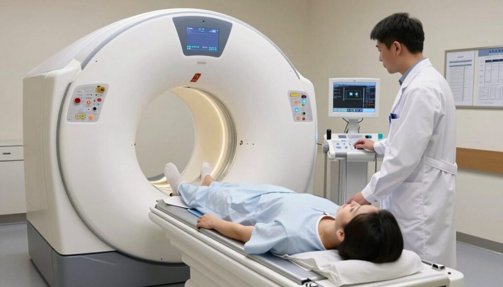 A modern MRI scanner in a clinical setting, showcasing its sleek, cylindrical design, illuminated by soft, ambient lighting. In the foreground, a patient lies comfortably on the examination table, dressed in a hospital gown, while a healthcare professional dressed in a lab coat prepares the MRI machine. The middle-ground features the intricate controls and digital screens of the MRI device, displaying technical data. The background reveals a clean, well-organized hospital room with medical charts and equipment, creating a professional atmosphere. The scene captures a sense of advanced technology and safety, emphasizing the importance of magnetic resonance imaging in modern diagnostics.