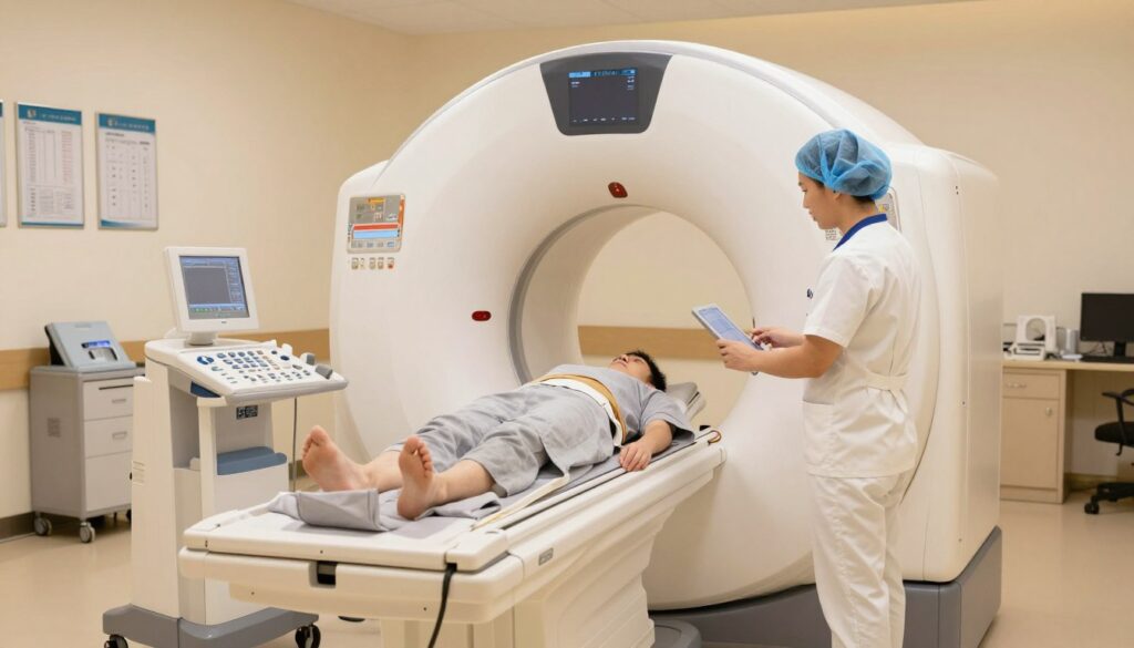 A modern computed tomography (CT) scanner in a well-lit medical environment, showcasing the machine's intricate details and a focus on its large circular opening. In the foreground, a technician in professional medical attire is adjusting the scanner settings on a digital interface, emphasizing the technical aspect of the procedure. The middle ground features a patient lying on the examination table, calmly preparing for the scan while surrounded by advanced imaging equipment. The background is a softly lit clinical room, with health charts and medical equipment neatly organized, conveying a sense of professionalism and care. The atmosphere is calm and reassuring, with warm lighting to create an inviting yet sterile environment, focusing on the contrast between the high-tech apparatus and the patient’s comfort.