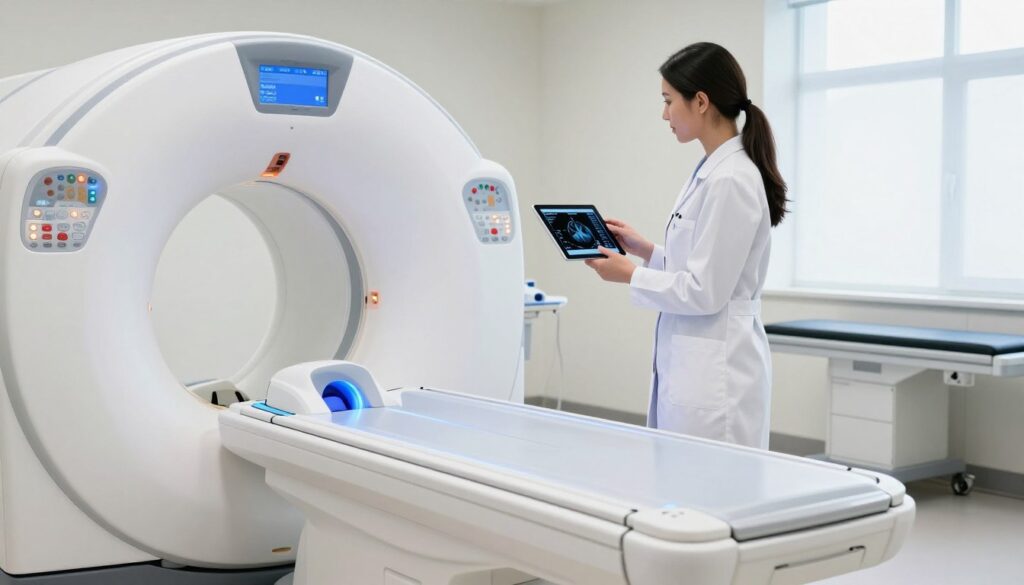 A modern computer tomography (CT) scanner displayed in a bright, clean medical environment. In the foreground, the sleek CT machine glows with soft blue lights, showcasing its intricate design and advanced technology. In the middle ground, a healthcare professional in a professional white lab coat stands next to the machine, examining a tablet with diagnostic images, epitomizing a sense of precision and expertise. The background features a sterile examination room with medical equipment and a subtle, calming color palette, enhancing the atmosphere of professionalism. Soft, natural lighting filtering through a window gives an inviting feel. The overall mood is informative and clinical, suitable for a healthcare-related discussion on costs and features of CT machines in the Polish market. A modern computer tomography (CT) scanner displayed in a bright, clean medical environment. In the foreground, the sleek CT machine glows with soft blue lights, showcasing its intricate design and advanced technology. In the middle ground, a healthcare professional in a professional white lab coat stands next to the machine, examining a tablet with diagnostic images, epitomizing a sense of precision and expertise. The background features a sterile examination room with medical equipment and a subtle, calming color palette, enhancing the atmosphere of professionalism. Soft, natural lighting filtering through a window gives an inviting feel. The overall mood is informative and clinical, suitable for a healthcare-related discussion on costs and features of CT machines in the Polish market.
