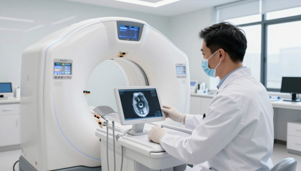 A modern dental clinic interior featuring a state-of-the-art CBCT tomograph machine in action. In the foreground, a dental professional in a crisp white lab coat, wearing gloves and a mask, carefully examines a digital screen displaying intricate 3D images from a tomographic scan. The middle ground shows the CBCT machine, sleek and futuristic, with soft blue lighting accentuating its curves. In the background, a clean, well-organized clinical environment with dental tools on a counter and a window that lets in natural light, creating an inviting atmosphere. The overall mood is professional and focused, emphasizing advanced technology in dental diagnostics. The setting conveys the clinical aspect of dental care and the significance of pricing in tomographic studies.