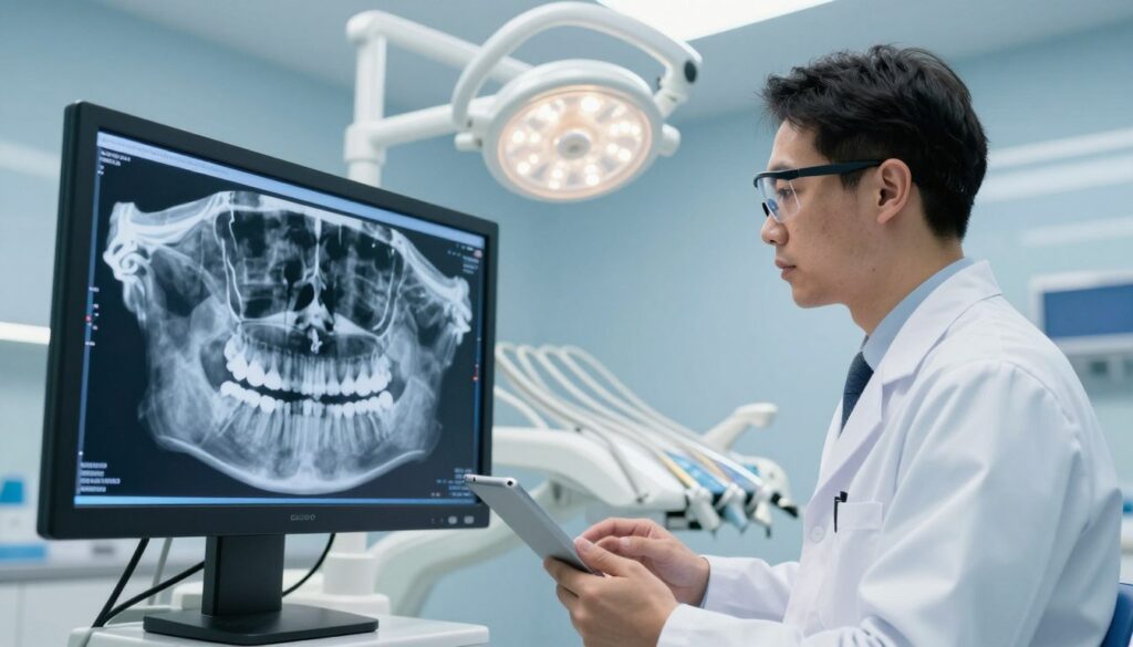 A modern dental clinic interior showcasing a professional atmosphere. In the foreground, a clear digital screen displays a 3D CBCT scan of a patient's jaw, highlighting intricate details of the bone structure and dental anatomy. In the middle, a skilled dentist, dressed in a white coat and safety glasses, examines the scan intently using a tablet. The background features state-of-the-art dental equipment, bright LED lighting illuminating the space, and a calming blue color scheme that evokes trust and professionalism. The angle is slightly tilted from above, emphasizing the collaboration between technology and patient care, creating a mood of innovation and precision in dental treatment planning.