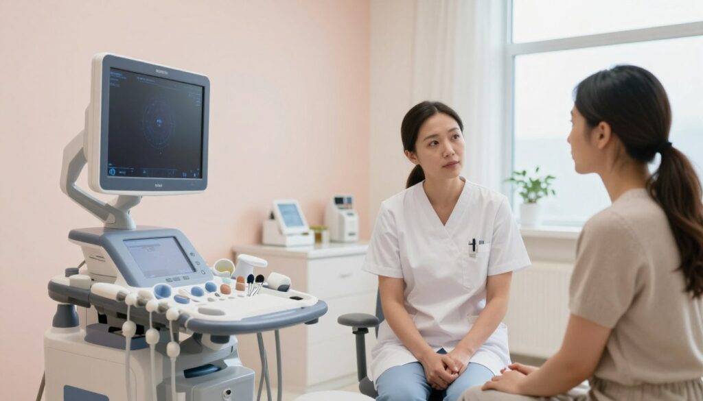 A modern gynecological examination room featuring a stylish, high-tech ultrasound machine, neatly organized with medical instruments on the countertop. In the foreground, a healthcare professional, dressed in professional medical attire, is consulting with a patient, who appears thoughtful and engaged in conversation. The middle ground showcases the clean and calming design of the room, with soft lighting and pastel-colored walls that convey a reassuring atmosphere. In the background, a large window allows natural light to flow in, enhancing the serene mood. The angle captures both the ultrasound machine and the interaction between the professional and the patient, emphasizing the essential role of the examination in women's healthcare.