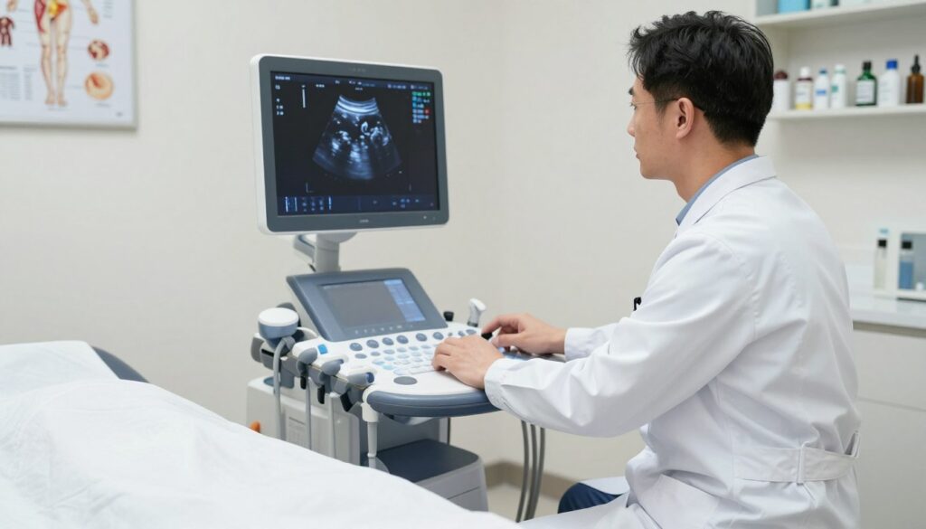 A modern medical clinic setting featuring a high-tech abdominal ultrasound machine being operated by a healthcare professional in a crisp white lab coat. The clinician is attentively monitoring the ultrasound screen, which displays an intricate view of internal organs. In the foreground, a comfortable examination table with clean linens is visible, while in the middle, the ultrasound device gleams under soft, diffused lighting. The background features minimalistic medical decor, such as anatomical charts and a shelf with medical supplies. The atmosphere conveys professionalism and a focus on patient care, emphasizing the importance of abdominal ultrasound exams in a clinical environment. The composition should have a crisp, clear focus, shot from a slightly angled perspective.