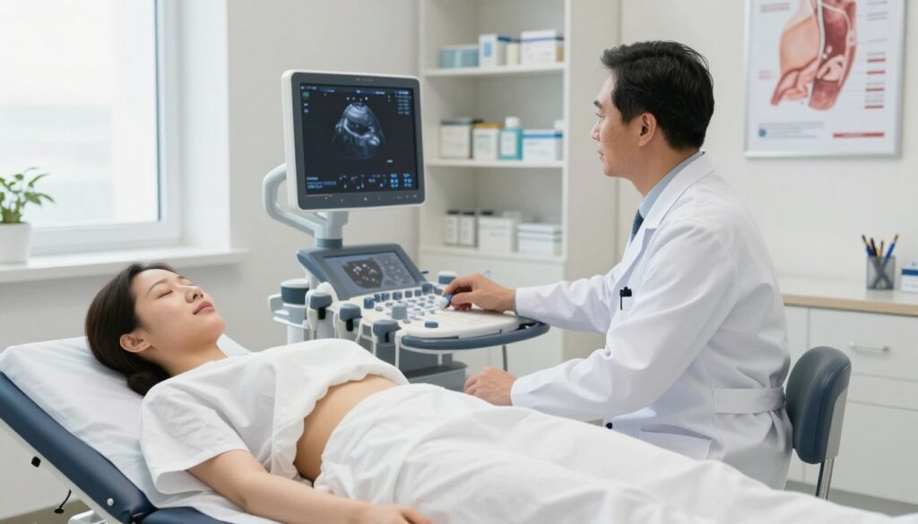 A modern medical examination room featuring a healthcare professional conducting an abdominal ultrasound (USG) on a patient lying on an examination table. The doctor, dressed in a white lab coat and wearing professional attire, is focused on the high-tech ultrasound machine displaying images on a monitor. The patient, modestly dressed in a hospital gown, appears calm and relaxed. Soft, natural light filters through a window, creating a serene atmosphere. In the background, shelves filled with medical supplies, a pen holder, and educational posters about abdominal health can be seen. The scene captures a sense of trust and professionalism, emphasizing the importance of the USG procedure in understanding abdominal and retroperitoneal space issues.