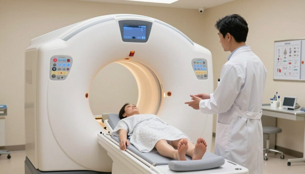 A modern medical examination room featuring a state-of-the-art full-body CT scanner. In the foreground, a healthcare professional in a lab coat stands beside the scanner, discussing the procedure with a patient dressed in a modest hospital gown. The middle of the image showcases the CT scanner, equipped with advanced technology and illuminated by soft, ambient overhead lighting. The background displays medical charts and a sterile environment, emphasizing professionalism and clinical precision. The atmosphere is calm and reassuring, reflecting the seriousness of the diagnostic process. The scene should be captured with a slight depth of field to focus on the interactions, using natural lighting to create a warm, welcoming ambiance.