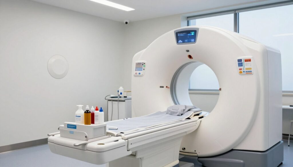 A modern medical examination room focused on a computed tomography (CT) scanner in the foreground. The CT scanner, sleek and white, is positioned prominently, showcasing its circular opening. In the middle, a table is set up for patient preparation, equipped with medical supplies neatly organized, like contrast dyes and patient care brochures. The background features soft lighting from overhead lights, creating a calm and sterile atmosphere, while a large window lets in natural light that complements the clinical white and blue color scheme. The overall mood is professional and reassuring, suitable for a healthcare environment, emphasizing the importance of proper preparation for a CT scan, both with and without contrast.