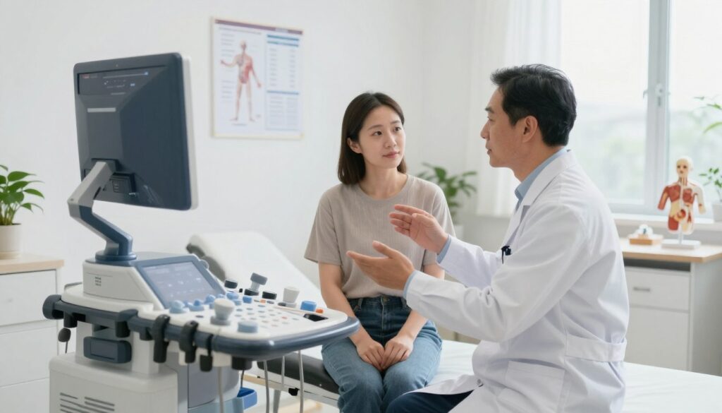 A modern medical facility's examination room featuring an ultrasound machine prominently in the foreground. Include a healthcare professional in a pristine lab coat, attentively explaining the procedure to a patient in modest casual clothing. The middle ground showcases a well-organized workspace with medical charts and anatomical models related to abdominal health. In the background, light filters through large windows, creating a clean and serene atmosphere, reinforcing trust and professionalism. Use soft, natural lighting to evoke a calm and reassuring mood, with a slight focus on the ultrasound device, ensuring clarity on how pricing may vary depending on equipment and facility. The composition should be wide-angle to capture the entire scene in detail.