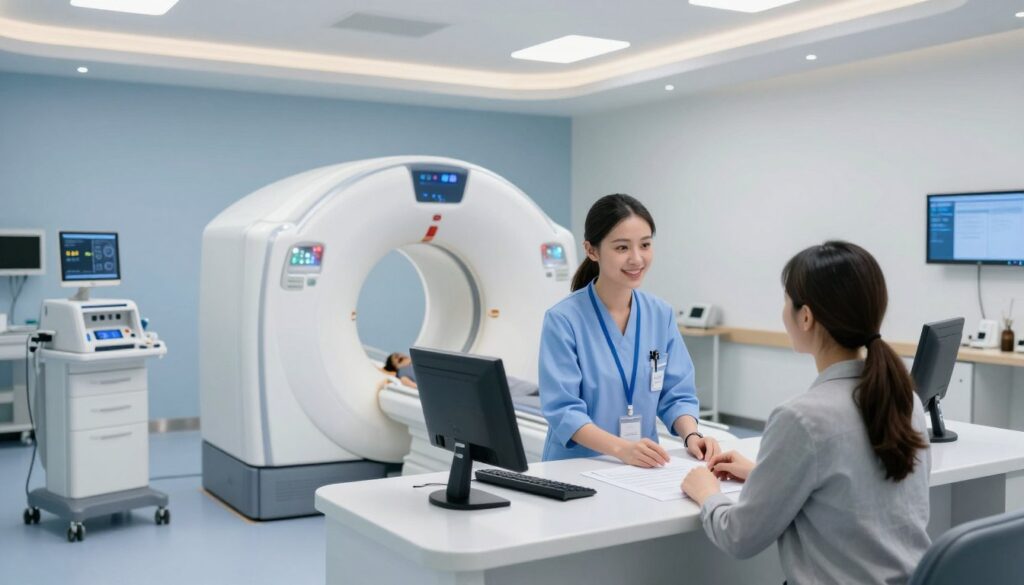 A modern medical imaging room designed for CT scans, featuring a sleek, white and blue color palette. In the foreground, a friendly medical professional in business attire is interacting with a patient at the registration desk, which is equipped with a computer and forms. The middle ground showcases a state-of-the-art CT scanner, surrounded by medical equipment and a soft, reassuring atmosphere. In the background, ambient lighting from motion-activated overhead lights creates a calm and sterile environment. Use a wide-angle lens to capture the entire scene, focusing on the details of the equipment and the interactions. The mood is professional yet welcoming, emphasizing patient care and readiness.