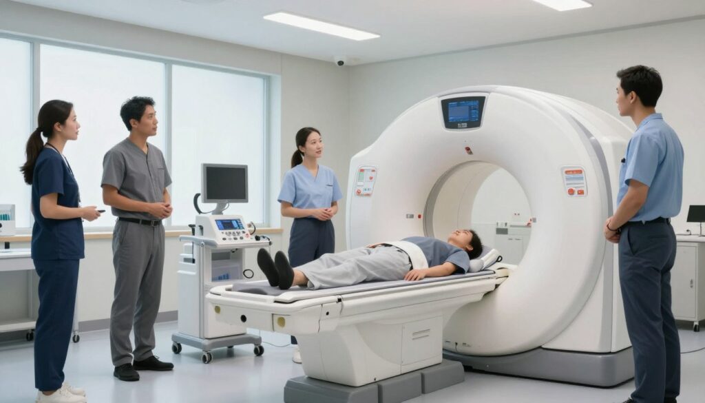 A modern medical imaging room featuring a high-tech computed tomography (CT) scanner. In the foreground, a diverse group of medical professionals, dressed in professional business attire, discuss the CT machine, highlighting the importance of proper procedures for imaging quality. In the middle ground, a patient lies on the examination table, calmly preparing for the scan, with medical equipment and monitors visible. The background showcases a sterile, well-lit environment with large windows allowing natural light to flood in, creating a serene atmosphere. Soft, professional lighting enhances the clean lines of the technology. Capture a sense of professionalism and care in a clinical setting, emphasizing the relationship between technology and patient welfare.