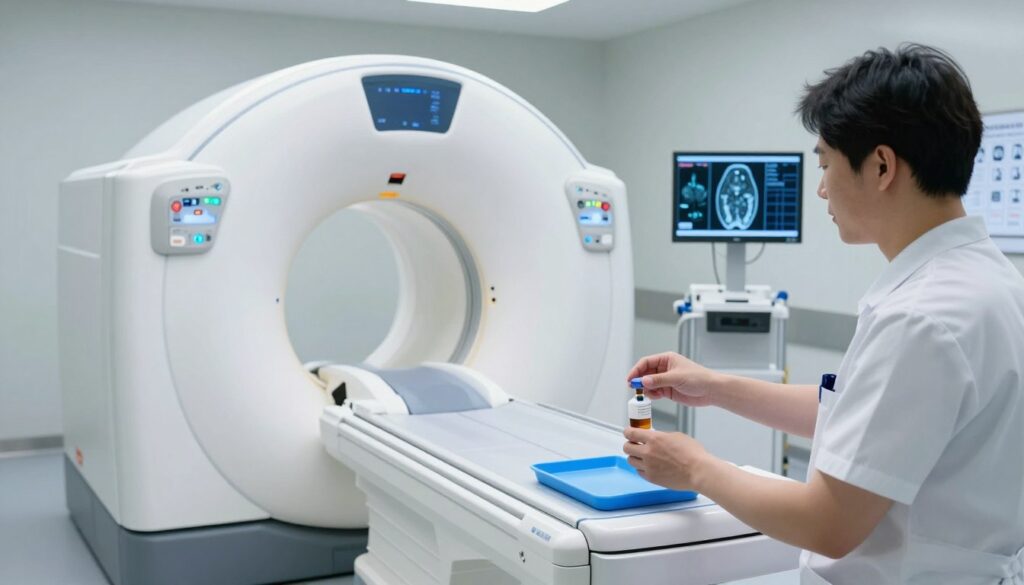 A modern medical imaging room showcasing a computed tomography (CT) scanner with contrast fluid preparation. In the foreground, a healthcare professional in professional attire is placing a vial of contrast agent on a sterile tray, emphasizing meticulousness. In the middle ground, the CT scanner is prominently displayed, featuring intricate details of the machine, with soft blue lighting illuminating its sleek design. In the background, medical charts and a monitor displaying cross-sectional images of a human body add depth and context to the environment. The atmosphere is clinical and focused, conveying a sense of professionalism and care in the process of medical diagnostics. The lighting is bright but diffused, creating a clean and sterile ambiance perfect for a medical setting.
