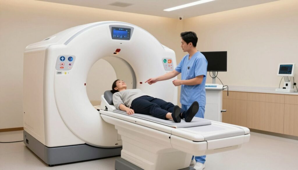 A modern, well-lit private healthcare facility showcasing a state-of-the-art computed tomography (CT) scanner. In the foreground, a healthcare professional, dressed in a professional attire, stands beside the CT machine, explaining the procedure to a patient who is comfortably seated, appearing calm and reassured. In the middle section, the sleek, high-tech CT scanner is prominently displayed, with its circular opening ready for imaging. The background features soft, ambient lighting that evokes a sense of cleanliness and professionalism, highlighting the advanced medical equipment in the room. The atmosphere is one of trust and efficiency, emphasizing the importance of private health services and the factors influencing the costs of CT scans.