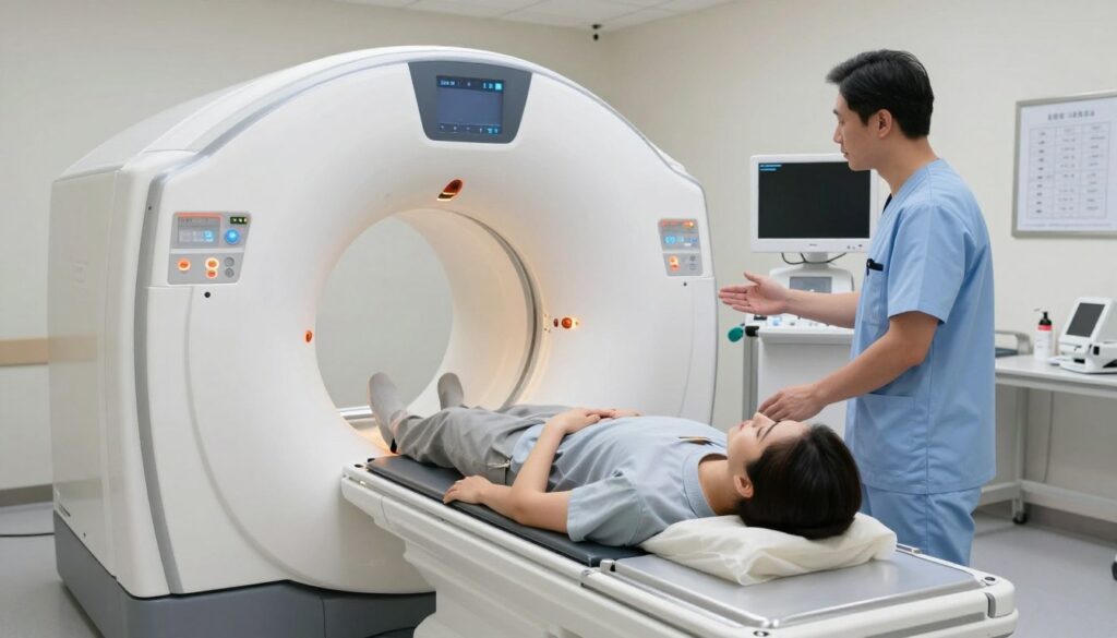 A patient in a modern medical examination room, lying on an MRI scanning table with a focused yet calm expression, surrounded by advanced medical imaging equipment. The foreground features the patient in modest casual clothing, monitored by a healthcare professional in professional attire, attentively explaining the procedure. In the middle ground, the sleek MRI machine is prominently displayed, with its gentle, ambient lighting casting a soothing glow. The background showcases a clean, well-organized space with medical charts and diagnostic tools neatly arranged. The atmosphere is serene and reassuring, embodying the clinical yet comforting environment of patient care. The image should be captured with a wide-angle lens to emphasize the equipment and the interaction between the patient and the healthcare provider, ensuring a clear, professional depiction without text or distractions. A patient in a modern medical examination room, lying on an MRI scanning table with a focused yet calm expression, surrounded by advanced medical imaging equipment. The foreground features the patient in modest casual clothing, monitored by a healthcare professional in professional attire, attentively explaining the procedure. In the middle ground, the sleek MRI machine is prominently displayed, with its gentle, ambient lighting casting a soothing glow. The background showcases a clean, well-organized space with medical charts and diagnostic tools neatly arranged. The atmosphere is serene and reassuring, embodying the clinical yet comforting environment of patient care. The image should be captured with a wide-angle lens to emphasize the equipment and the interaction between the patient and the healthcare provider, ensuring a clear, professional depiction without text or distractions.