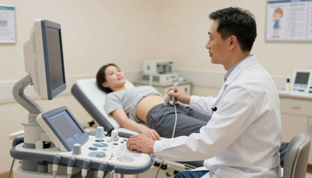 A professional and sterile medical environment featuring a medical ultrasound examination setup. In the foreground, a technician in a white lab coat is preparing an abdominal ultrasound machine, demonstrating a family-friendly, clinical atmosphere. The middle ground depicts a patient lying comfortably on a treatment table, dressed in modest clothing, while the technician attentively conducts the ultrasound examination. The background includes medical equipment, charts, and soft lighting to emphasize professionalism and safety in the healthcare setting. The composition captures a sense of care and reliability, with warm lighting creating an inviting yet clinical mood. The angle showcases the equipment clearly while highlighting the compassionate interaction between the technician and the patient, ensuring a respectful representation of the medical procedure. A professional and sterile medical environment featuring a medical ultrasound examination setup. In the foreground, a technician in a white lab coat is preparing an abdominal ultrasound machine, demonstrating a family-friendly, clinical atmosphere. The middle ground depicts a patient lying comfortably on a treatment table, dressed in modest clothing, while the technician attentively conducts the ultrasound examination. The background includes medical equipment, charts, and soft lighting to emphasize professionalism and safety in the healthcare setting. The composition captures a sense of care and reliability, with warm lighting creating an inviting yet clinical mood. The angle showcases the equipment clearly while highlighting the compassionate interaction between the technician and the patient, ensuring a respectful representation of the medical procedure.