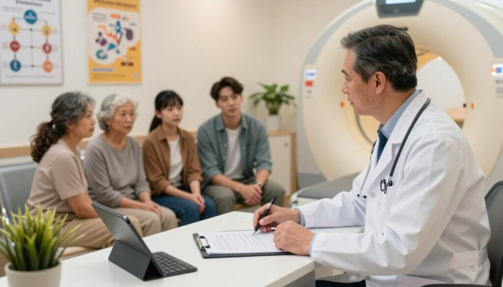 A professional family doctor in a modern clinic setting, discussing a patient's diagnostic path before a CT scan. In the foreground, the doctor, a middle-aged Caucasian male in a white coat, is leaning over a desk with medical reports and a computer tablet. In the middle, a diverse group of patients, including an elderly woman and a young man, are seated, attentively listening. The background features medical posters on the walls, a chart displaying health pathways, and a cozy waiting area with potted plants. Soft, warm lighting creates an inviting atmosphere, and the image should be shot from a slightly elevated angle to capture the interaction and the detailed surroundings, emphasizing the importance of primary health care pathways. A professional family doctor in a modern clinic setting, discussing a patient's diagnostic path before a CT scan. In the foreground, the doctor, a middle-aged Caucasian male in a white coat, is leaning over a desk with medical reports and a computer tablet. In the middle, a diverse group of patients, including an elderly woman and a young man, are seated, attentively listening. The background features medical posters on the walls, a chart displaying health pathways, and a cozy waiting area with potted plants. Soft, warm lighting creates an inviting atmosphere, and the image should be shot from a slightly elevated angle to capture the interaction and the detailed surroundings, emphasizing the importance of primary health care pathways.