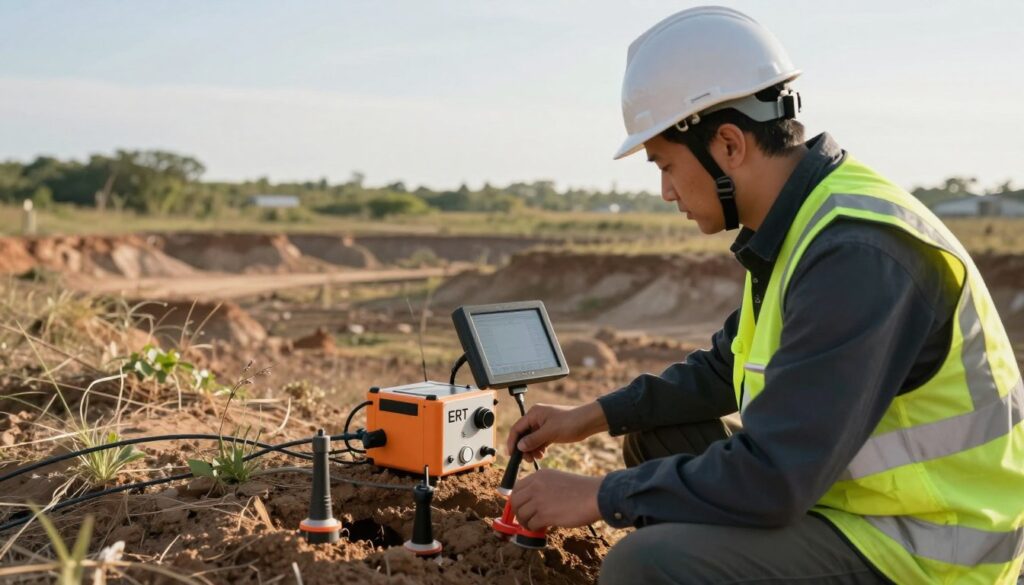 A professional geophysicist in a hard hat and safety vest, using a portable electro-resistivity tomography (ERT) device in a rugged outdoor environment. In the foreground, the scientist is focused on a handheld monitor displaying data while adjusting probes to the ground. The middle ground features an open field with subtle geological formations and sparse vegetation, indicative of an area being assessed for water resources. In the background, the sky is clear with gentle sunlight casting soft shadows, symbolizing a calm yet diligent atmosphere. The scene should evoke a sense of exploration and scientific inquiry, capturing an important moment in the process of locating water sources effectively and efficiently.