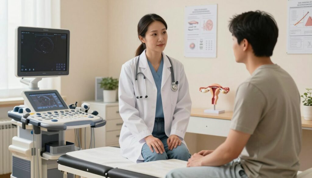 A professional medical consultation scene in an inviting examination room. In the foreground, a healthcare professional in a white lab coat stands beside a patient seated comfortably on an examination table. The patient is dressed in modest casual clothing, maintaining a calm demeanor. The middle ground features medical equipment such as an ultrasound machine, charts, and a model of the female reproductive system, all neatly arranged to emphasize professionalism. The background shows a softly lit room with pastel-colored walls and subtle decorative elements that contribute to a reassuring atmosphere. The overall mood is informative and supportive, with natural light filtering through a window, creating a warm and welcoming environment for discussing medical alternatives. The image captures the essence of a respectful and informative healthcare interaction.