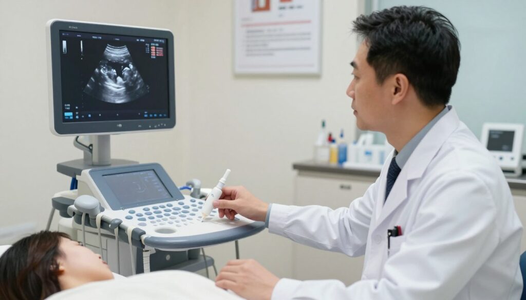 A professional medical environment featuring a doctor performing an ultrasound on a patient's liver. In the foreground, the doctor, dressed in a white coat and professional attire, is focused on the monitor displaying the liver ultrasound imaging, which showcases detailed internal anatomy. The middle layer captures the ultrasound machine with clear controls and a gel applicator, while the background features a clean, well-lit examination room with medical posters and instruments neatly arranged. Soft, diffused lighting creates a calm and clinical atmosphere, emphasizing the seriousness and professionalism of the procedure. The image composition should be slightly angled to portray depth, highlighting both the doctor and the technology involved in the assessment of liver health. A professional medical environment featuring a doctor performing an ultrasound on a patient's liver. In the foreground, the doctor, dressed in a white coat and professional attire, is focused on the monitor displaying the liver ultrasound imaging, which showcases detailed internal anatomy. The middle layer captures the ultrasound machine with clear controls and a gel applicator, while the background features a clean, well-lit examination room with medical posters and instruments neatly arranged. Soft, diffused lighting creates a calm and clinical atmosphere, emphasizing the seriousness and professionalism of the procedure. The image composition should be slightly angled to portray depth, highlighting both the doctor and the technology involved in the assessment of liver health.