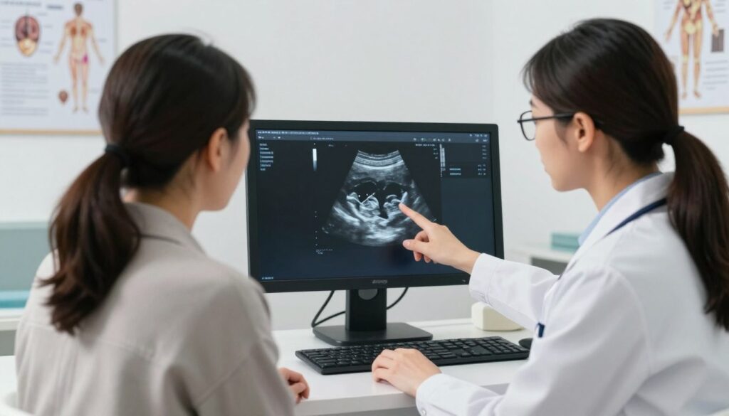 A professional medical setting featuring a doctor and a patient discussing the results of an ultrasound related to ovarian cysts. In the foreground, a well-dressed female doctor, wearing a white coat and glasses, points at an ultrasound image displayed on a screen, with a concerned but compassionate expression. The patient, a middle-aged woman in modest casual clothing, listens attentively, showing a mix of concern and curiosity. In the middle, the ultrasound image clearly depicts an ovarian cyst, with labeled markings indicating size and features. The background includes medical charts and anatomical posters on the walls, ensuring a clinical atmosphere. Soft, diffuse lighting highlights the focus on the doctor and patient, creating a calm and serious mood. A shallow depth of field emphasizes the dialogue around care and observation planning. The overall tone is professional and reassuring. A professional medical setting featuring a doctor and a patient discussing the results of an ultrasound related to ovarian cysts. In the foreground, a well-dressed female doctor, wearing a white coat and glasses, points at an ultrasound image displayed on a screen, with a concerned but compassionate expression. The patient, a middle-aged woman in modest casual clothing, listens attentively, showing a mix of concern and curiosity. In the middle, the ultrasound image clearly depicts an ovarian cyst, with labeled markings indicating size and features. The background includes medical charts and anatomical posters on the walls, ensuring a clinical atmosphere. Soft, diffuse lighting highlights the focus on the doctor and patient, creating a calm and serious mood. A shallow depth of field emphasizes the dialogue around care and observation planning. The overall tone is professional and reassuring.