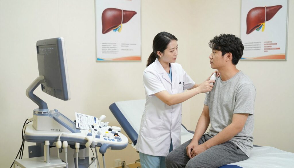 A serene and clinical examination room focused on the preparation for a liver ultrasound. In the foreground, a neatly arranged medical table with an ultrasound machine and a printed checklist of pre-examination instructions (no text visible). In the middle, a healthcare professional in professional attire demonstrating the process to a patient sitting on the examination table, ensuring a calm demeanor. The patient, dressed in modest casual clothing, appears attentive and reassured. The background showcases medical posters about liver health and an anatomical model of the liver, enhancing the clinical atmosphere. Soft, bright lighting illuminates the space, creating a welcoming and professional mood. The angle captures the interaction between the healthcare provider and the patient, emphasizing the importance of proper preparation for accurate test results. A serene and clinical examination room focused on the preparation for a liver ultrasound. In the foreground, a neatly arranged medical table with an ultrasound machine and a printed checklist of pre-examination instructions (no text visible). In the middle, a healthcare professional in professional attire demonstrating the process to a patient sitting on the examination table, ensuring a calm demeanor. The patient, dressed in modest casual clothing, appears attentive and reassured. The background showcases medical posters about liver health and an anatomical model of the liver, enhancing the clinical atmosphere. Soft, bright lighting illuminates the space, creating a welcoming and professional mood. The angle captures the interaction between the healthcare provider and the patient, emphasizing the importance of proper preparation for accurate test results.