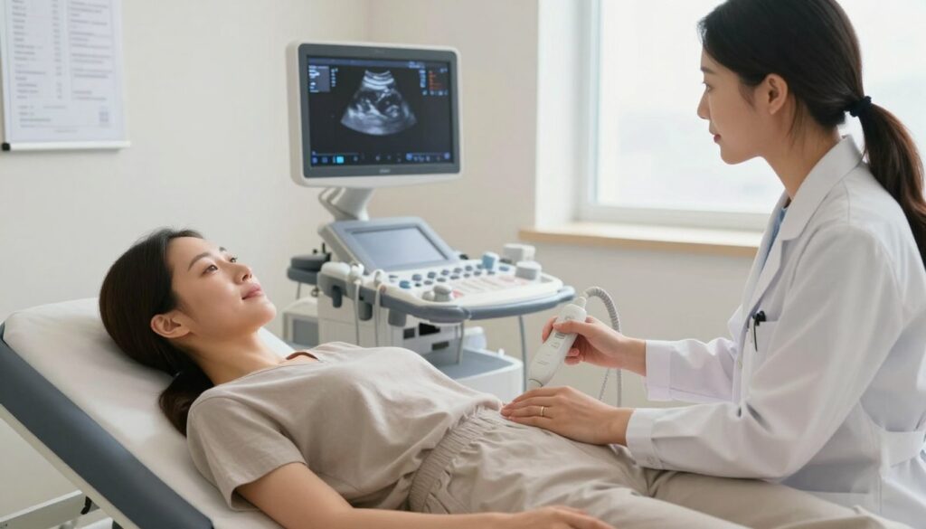 A serene and professional healthcare setting depicting the preparation for a gynecological ultrasound examination for suspected adenomyosis. In the foreground, a female patient in modest casual clothing is lying on an examination table, looking relaxed and calm. A medical professional, dressed in a lab coat, gently explains the procedure, holding an ultrasound device. In the background, a softly lit, clean examination room features medical charts, a monitor displaying ultrasound images, and diagnostic equipment. Natural light filters through a window, creating a warm and inviting atmosphere. The overall mood is reassuring and informative, focusing on the importance of patient comfort and understanding during the preparation for the ultrasound examination.