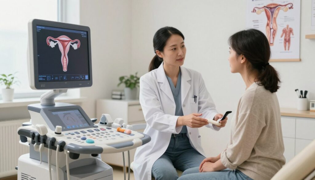 A serene and professional medical office environment, featuring a gynecological ultrasound machine in the foreground, highlighting the intricate controls and screen displaying anatomical images of female reproductive organs. In the middle, a female doctor dressed in a white lab coat, wearing modest casual clothing underneath, attentively explaining the procedure to a patient seated comfortably on the examination table, conveying a sense of trust and professionalism. The background showcases medical charts and anatomical posters related to gynecological health, softly illuminated by natural light filtering through a window, creating a calm and inviting atmosphere. The overall mood is informative and reassuring, perfect for illustrating the topic of indications for gynecological examinations.
