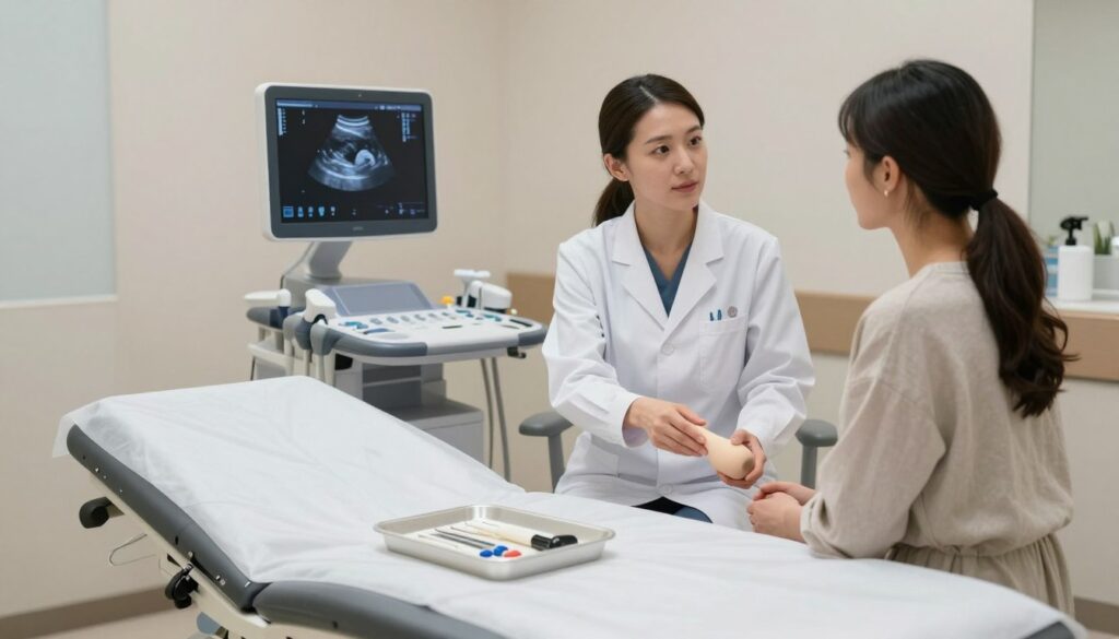 A serene and professional medical room set for a transvaginal ultrasound examination. In the foreground, a well-organized examination table covered with a clean white sheet, accompanied by medical instruments neatly arranged on a nearby tray. The middle ground features a qualified female healthcare professional in a lab coat, patiently explaining the procedure to a female patient dressed in modest casual clothing, demonstrating care and empathy. The background includes a medical monitor displaying ultrasound images and soft lighting to create a calming atmosphere. The scene is set with an emphasis on professionalism and supportiveness, ensuring the focus is on the preparation process for the ultrasound. The angle captures the interaction between the healthcare provider and the patient, highlighting their engagement and trust.