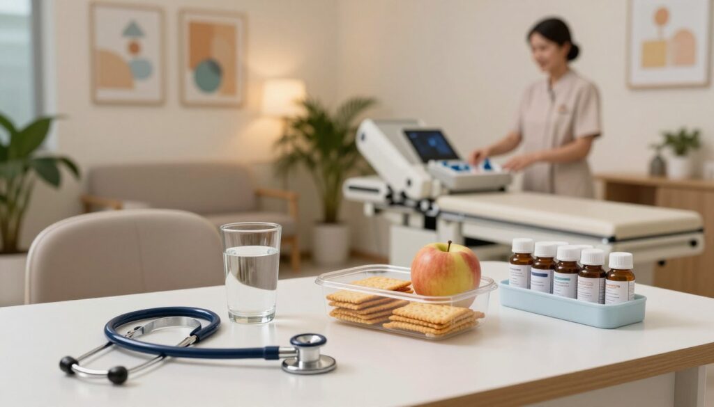 A serene clinic environment showcasing a neatly arranged table with essential items for a tomography appointment. In the foreground, a stethoscope, a glass of water, a food container with light snacks like an apple and crackers, and a small medication organizer filled with pill bottles in professional labels. In the middle, a comfortable chair and a waiting area with soft lighting, plants, and calming artwork on the walls, creating a soothing atmosphere. In the background, a nurse in modest casual clothing is preparing equipment with a welcoming smile. The lighting is warm and inviting, emphasizing cleanliness and professionalism, reflecting an organized and comforting space for patients preparing for their examination.
