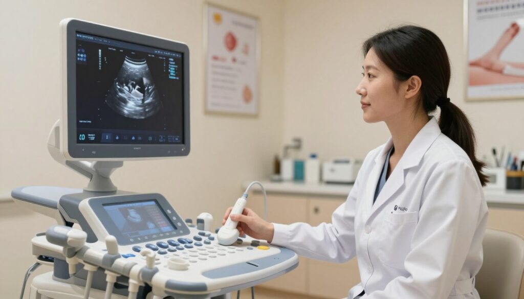 A serene gynecological examination room, featuring an ultrasound machine displaying a clear image of a developing fetus via transvaginal ultrasound in the foreground. The ultrasound probe is positioned gently, showcasing the device's advanced technology. In the middle ground, a professional female doctor wearing a white lab coat and modest attire attentively observing the screen, with a reassuring expression. The background features soft, ambient lighting that creates a calm atmosphere, the walls adorned with medical posters and instruments neatly organized. The overall mood is informative and reassuring, emphasizing the importance of early pregnancy monitoring and ensuring the safety of both mother and child.