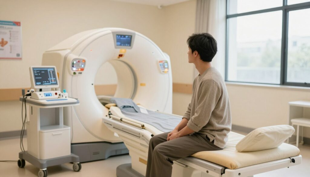 A serene hospital examination room with soft, warm lighting creating a calming atmosphere. In the foreground, a patient, dressed in comfortable yet professional attire, sits on an examination bed, appearing contemplative and poised for a medical procedure. The middle ground showcases a well-organized medical setup with a CT scanner in view, along with essential medical equipment on a nearby table. The background features neutral-colored walls adorned with medical posters and a large window allowing natural light to enter, enhancing the peaceful vibe. The scene conveys a sense of readiness and patient anticipation, reflecting the importance of being on an empty stomach before a CT scan. The overall mood is reassuring and informative, capturing the essence of the medical experience.
