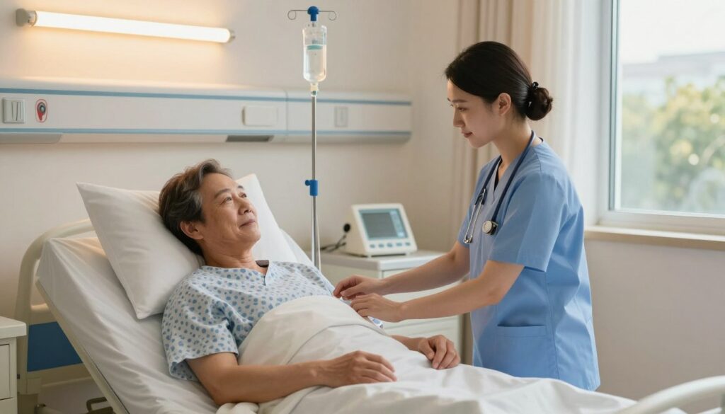 A serene hospital room, softly lit with warm overhead lighting creating a comforting atmosphere. In the foreground, a nurse, wearing professional scrubs and a calm expression, checks the vitals of a middle-aged patient who is resting comfortably on a hospital bed, looking relieved and attentive. Beside the bed, an IV drip is gently supplying fluids, emphasizing the theme of hydration and recovery. In the background, a window offers a glimpse of a sunny day outside, symbolizing a return to regular activities. Everything is clean, organized, and conveys a sense of safety and care, reinforcing the idea of post-examination observation and recuperation. The scene is captured from a slightly elevated angle, providing a comprehensive view of the interaction and environment.