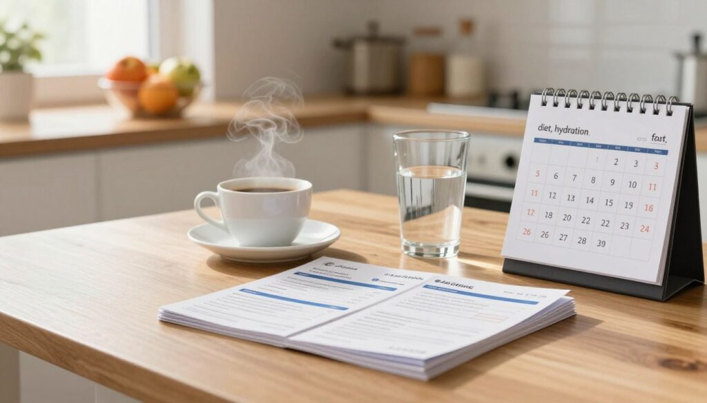 A serene kitchen environment at dawn, featuring a polished wooden table adorned with a steaming cup of coffee and a glass of water, symbolizing preparation for an abdominal ultrasound. In the foreground, a neatly organized stack of informational brochures about the procedure, and a calendar marked with important dates. The middle ground includes a cozy, well-lit countertop with a fresh fruit bowl and a notepad where a checklist is written: "diet, hydration, fasting." The background showcases gentle morning light filtering through a window, creating a calm and inviting atmosphere. The overall mood is informative and reassuring, emphasizing health and preparation in a professional, clean style.