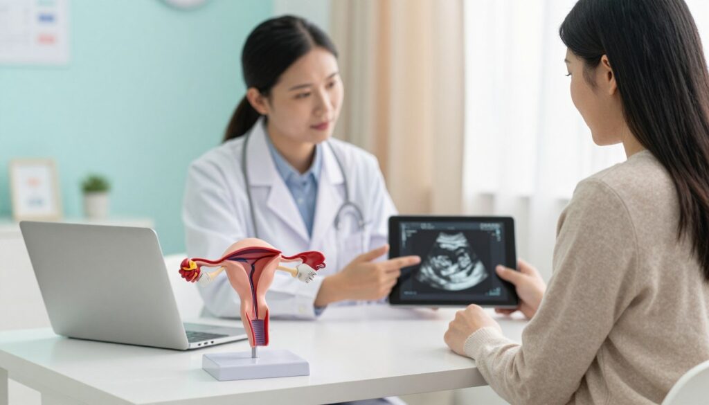 A serene medical consultation room focused on maternal health, featuring a compassionate healthcare professional in modest attire engaging with a pregnant woman. In the foreground, a detailed anatomical model of a bicornuate uterus is displayed prominently on a desk, symbolizing the condition. The middle section portrays the healthcare professional discussing risks and monitoring during pregnancy with the patient, using digital tablets to show ultrasound images. The background showcases calming pastel colors with soft natural lighting, creating a peaceful atmosphere that signifies support and understanding. The focus is on their interaction, capturing a moment of care and professionalism, ideal for illustrating the topic of pregnancy risks associated with uterine abnormalities.