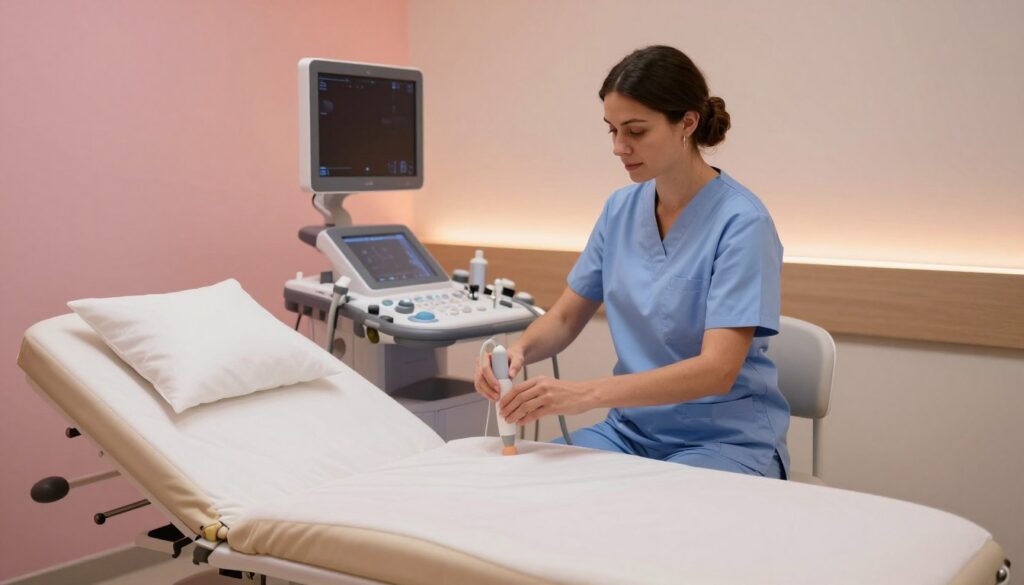 A serene medical examination room, featuring a comfortable examination bed in the foreground, equipped with soft linens and pillows. The middle ground showcases a professional medical technician dressed in modest scrubs, preparing medical instruments and a transducer for a transvaginal ultrasound. The background includes soft, ambient lighting with pastel-colored walls and diagnostic equipment, creating a calm atmosphere. The lighting is warm and inviting, enhancing the sense of privacy and safety in the space. The angle is slightly elevated, offering a clear view of the technician's focused expression and the meticulous preparation process, emphasizing professionalism and care in the approach to a medical examination.
