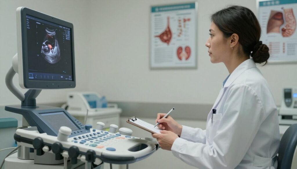 A serene medical examination room, with soft, diffused lighting to create a calming atmosphere. In the foreground, a modern ultrasound machine is positioned prominently, with its screen showcasing a detailed image of abdominal organs, indicating a potential issue. In the middle, a healthcare professional, a woman in a professional lab coat, attentively studies the screen while taking notes, exuding focus and expertise. In the background, medical charts and diagrams related to abdominal health adorn the walls, enhancing the clinical environment. The overall mood conveys seriousness and professionalism, while also embodying hope for thorough diagnosis and treatment options. The camera angle is slightly tilted upward to emphasize the importance of the ultrasound machine and the concentration of the medical professional. A serene medical examination room, with soft, diffused lighting to create a calming atmosphere. In the foreground, a modern ultrasound machine is positioned prominently, with its screen showcasing a detailed image of abdominal organs, indicating a potential issue. In the middle, a healthcare professional, a woman in a professional lab coat, attentively studies the screen while taking notes, exuding focus and expertise. In the background, medical charts and diagrams related to abdominal health adorn the walls, enhancing the clinical environment. The overall mood conveys seriousness and professionalism, while also embodying hope for thorough diagnosis and treatment options. The camera angle is slightly tilted upward to emphasize the importance of the ultrasound machine and the concentration of the medical professional.
