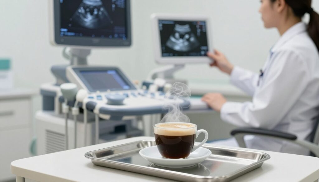 A serene medical office environment, featuring a clean and well-lit ultrasound room. In the foreground, a cup of steaming coffee sits on a stainless steel tray, emphasizing the topic of coffee consumption before an abdominal ultrasound. The middle ground displays an ultrasound machine, with a gel-covered transducer ready for use, highlighting the preparation for the procedure. In the background, a doctor dressed in professional attire examines a digital screen displaying ultrasound images, illustrating the potential influence of coffee on results. Soft, diffused lighting enhances the calm and sterile atmosphere, with a focal depth that draws attention to the coffee while maintaining context. The overall mood is informative and focused, perfect for illustrating the complexities surrounding coffee consumption prior to medical imaging.