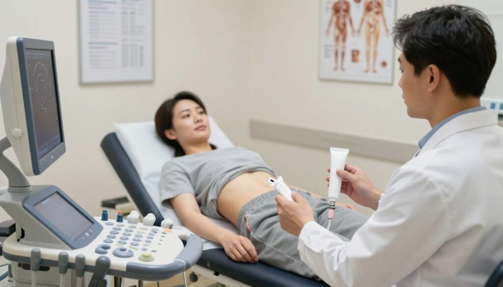 A serene medical office setting focused on an abdominal ultrasound examination. In the foreground, a professional medical practitioner in a white lab coat prepares an ultrasound machine with a gel tube in hand, demonstrating an attentive demeanor. The middle ground features a patient, comfortably dressed in modest casual clothing, reclining on an examination table with a calm expression, ready for the procedure. The background includes medical charts and anatomical diagrams on the walls, creating an informative atmosphere. Soft, even lighting illuminates the scene, enhancing the professionalism of the environment. The camera angle captures the interaction between the practitioner and the patient, emphasizing the step-by-step preparation process for the abdominal ultrasound. Overall, the mood conveys a sense of care and thoroughness in medical practice.