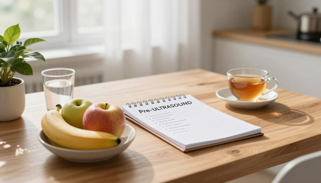 A serene, minimalist kitchen setting in soft morning light, focusing on a polished wooden table. In the foreground, a small bowl of fresh fruits, such as apples and bananas, alongside a glass of clear water, subtly conveying health and hydration. In the middle ground, a neatly placed notepad with bullet points detailing pre-ULTRASOUND dietary guidelines, surrounded by calming elements like a potted plant and a cup of herbal tea. The background features a cozy window with sheer curtains, allowing gentle sunlight to stream in, creating a warm and inviting atmosphere. The overall mood is tranquil and informative, emphasizing preparation and well-being. The image should be crisp and bright, with a professional lens focus to create a clear, engaging visual.
