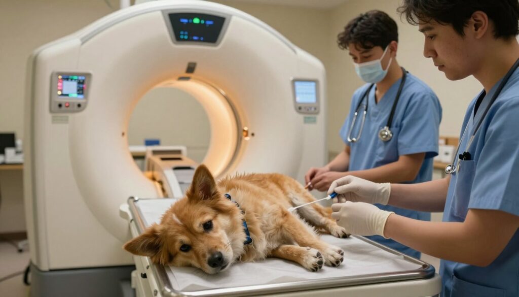 A serene veterinary clinic setting where a small dog, calmly sedated, is lying on an examination table, preparing for a CT scan. The foreground features the dog's fur texture and relaxed expression, while attentive veterinarians in professional attire, one administering sedative and the other monitoring vital signs, stand nearby. In the middle ground, a modern CT scanner looms, with soft lighting highlighting its sleek design. The background includes medical equipment arranged neatly, creating a sense of order and professionalism. Warm, ambient lighting enhances the comforting atmosphere, reflecting a safe environment for the patient. A close-up perspective captures the focus and care in the veterinarians' eyes, emphasizing the emotional safety of the dog in this critical moment.