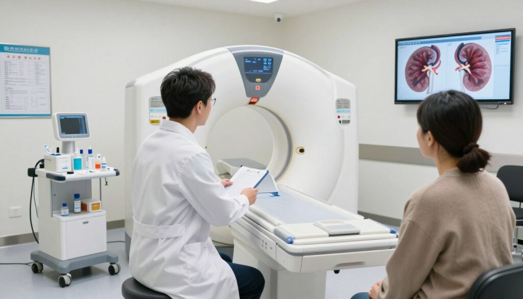 A serene, well-lit medical examination room with a modern CT scanner in the center, emphasizing the importance of medical procedures. In the foreground, a healthcare professional, dressed in a crisp white lab coat, is discussing with a patient, who is seated and looking attentive. Both are surrounded by medical charts and contrast preparation materials subtly placed. The middle ground features medical equipment neatly arranged, and a large digital display showing kidney and thyroid images, highlighting their connection to contrast procedures. The background consists of clean, minimalist decor, and soft, diffused lighting to create a calm atmosphere. The image conveys professionalism and seriousness, reflecting the need for communication about medical conditions like thyroid issues and medication interactions before imaging.