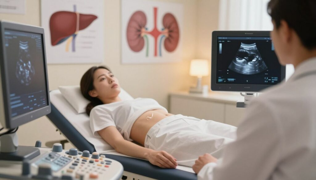 A split image illustrating the limitations of abdominal ultrasounds. In the foreground, a medical professional in a lab coat is examining an ultrasound monitor displaying a blurred image of an abdomen, symbolizing unclear results. In the middle ground, a patient lies on an examination table, looking slightly concerned, with a gel application on their skin. Surrounding them are medical diagrams depicting organs like the liver and kidneys, clearly labeled but intentionally out of focus to suggest the limitations of the ultrasound. In the background, softly lit consultation room with gentle, neutral colors, conveying a calm atmosphere. The lighting is warm and inviting, creating a professional yet approachable mood. Soft shadows enhance depth without overwhelming details.