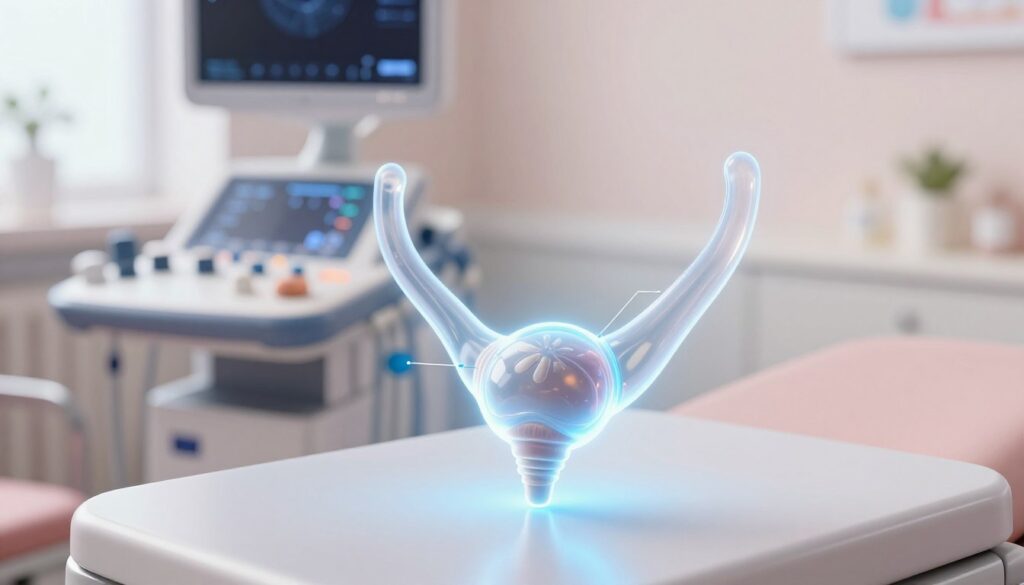 A translucent human bladder, emphasizing clarity and detail, positioned prominently in the foreground. The bladder is depicted with labels or indicators to showcase its anatomical features, surrounded by a soft blue glow to signify health and medical context. In the middle ground, medical instruments such as ultrasound equipment are arranged neatly, with softly diffused lighting illuminating the scene to create an inviting atmosphere. The background displays a light, comforting clinic room, with subtle pastel colors contributing to a tranquil mood, encouraging a sense of peace for patients. The composition is shot from a slightly elevated angle, allowing for a clear view of both the bladder and medical tools, while avoiding any human figures to maintain a professional focus.