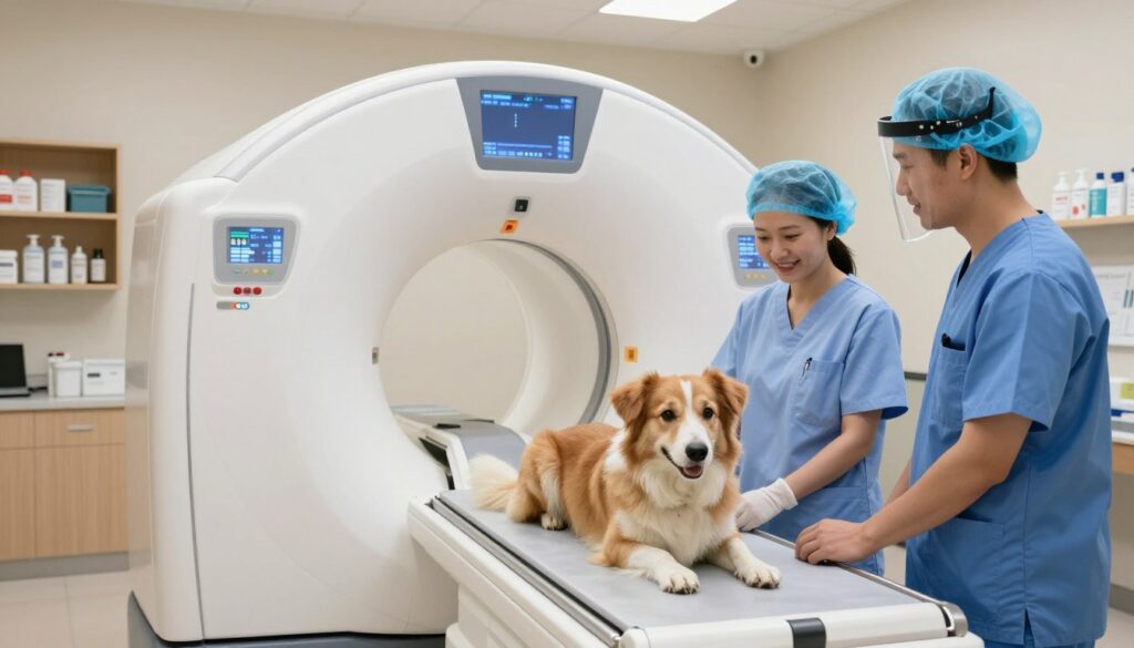 A veterinary clinic room featuring a sophisticated computed tomography (CT) scanner specifically designed for animals, with a focus on a dog comfortably lying on the examination table ready for a scan. In the foreground, the gentle, reassuring expressions of a veterinarian and a veterinary technician are visible, both wearing scrubs and protective gear, demonstrating professionalism. The middle ground showcases the CT scanner with illuminated panels and a large display, conveying advanced technology. The background includes shelves with veterinary medical supplies and calming, soft lighting that enhances the tranquil atmosphere of the veterinary setting. The overall mood is one of care and professionalism, emphasizing the importance of diagnostic procedures for pets.