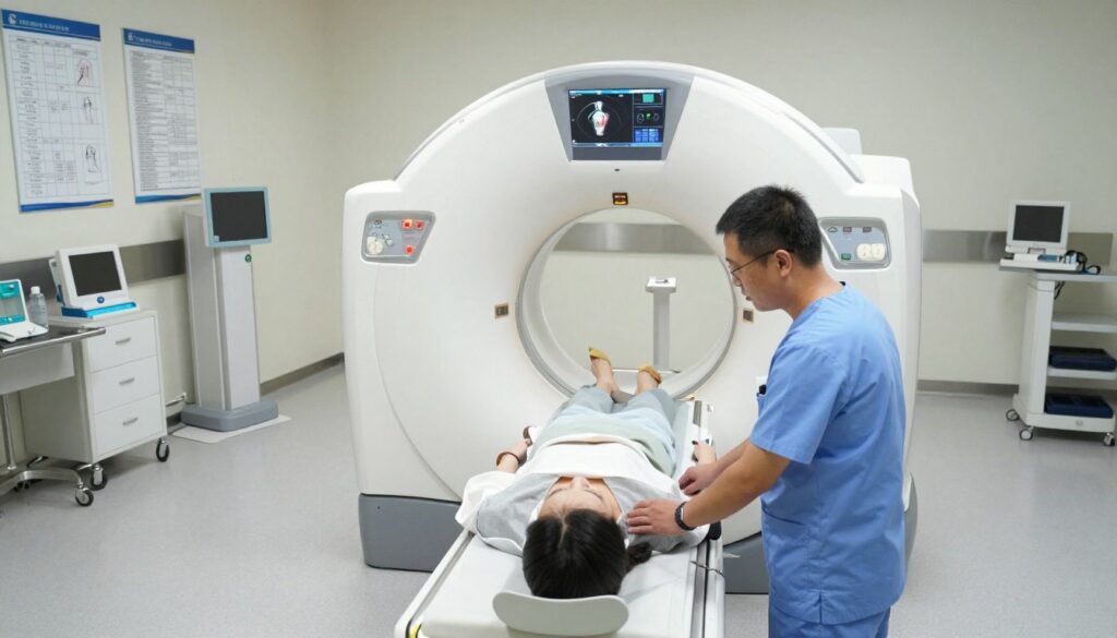 A well-lit, modern medical imaging room featuring a CT scan machine at the center of the composition. In the foreground, a medical professional in scrubs attentively prepares a patient lying on the scanning table, ensuring they are comfortable. The middle layer showcases the advanced CT machine with clearly visible screens displaying anatomical diagrams and settings. In the background, medical charts and updated equipment line the walls, reflecting a professional and sterile environment. Soft, diffused lighting enhances the clean, clinical atmosphere, while the angle is slightly elevated to capture the operation of the machine from above, creating a sense of depth. The mood is focused and reassuring, emphasizing the importance of the diagnostic procedure.
