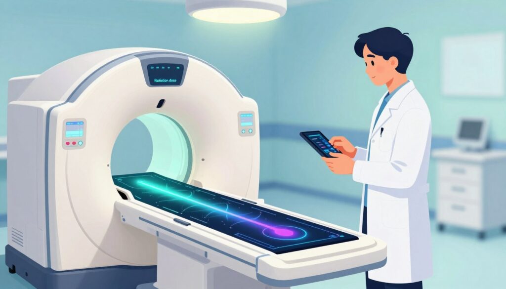 An illustration depicting the concept of "radiation dose" in the context of CT scans. In the foreground, place a stylized computer tomography machine, with glowing screens displaying colorful graphics of radiation waves and dosage metrics. The middle ground should include a medical professional in a white lab coat, analyzing data on a tablet, with a focused expression. The background can feature a softly lit hospital environment, with calming blue and green tones highlighting a sense of security and professionalism. Use an overhead light source for a clinical atmosphere, incorporating shadows to evoke depth. The composition should feel informative yet tranquil, suitable for educating readers about radiation safety in medical imaging.