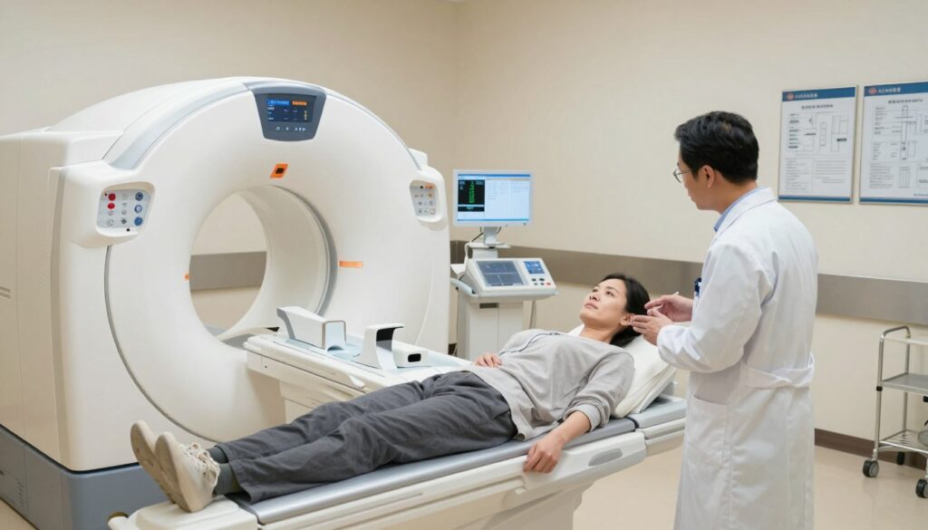 An impressive medical examination room showcasing both a CT scan machine and an MRI machine side by side. In the foreground, a healthcare professional in a white lab coat is discussing the examination process with a patient, who is dressed in comfortable, modest clothing, and looks attentive. The middle ground features the high-tech equipment, with clear details of the machines, emphasizing the advanced technology in medical imaging. The background shows a softly lit room, creating a calm and professional atmosphere, with medical charts and monitors displaying vital information. The lighting is bright but soft, casting gentle shadows, and the angle captures the scene from a slightly elevated perspective to emphasize the importance of the medical procedures taking place. An impressive medical examination room showcasing both a CT scan machine and an MRI machine side by side. In the foreground, a healthcare professional in a white lab coat is discussing the examination process with a patient, who is dressed in comfortable, modest clothing, and looks attentive. The middle ground features the high-tech equipment, with clear details of the machines, emphasizing the advanced technology in medical imaging. The background shows a softly lit room, creating a calm and professional atmosphere, with medical charts and monitors displaying vital information. The lighting is bright but soft, casting gentle shadows, and the angle captures the scene from a slightly elevated perspective to emphasize the importance of the medical procedures taking place.